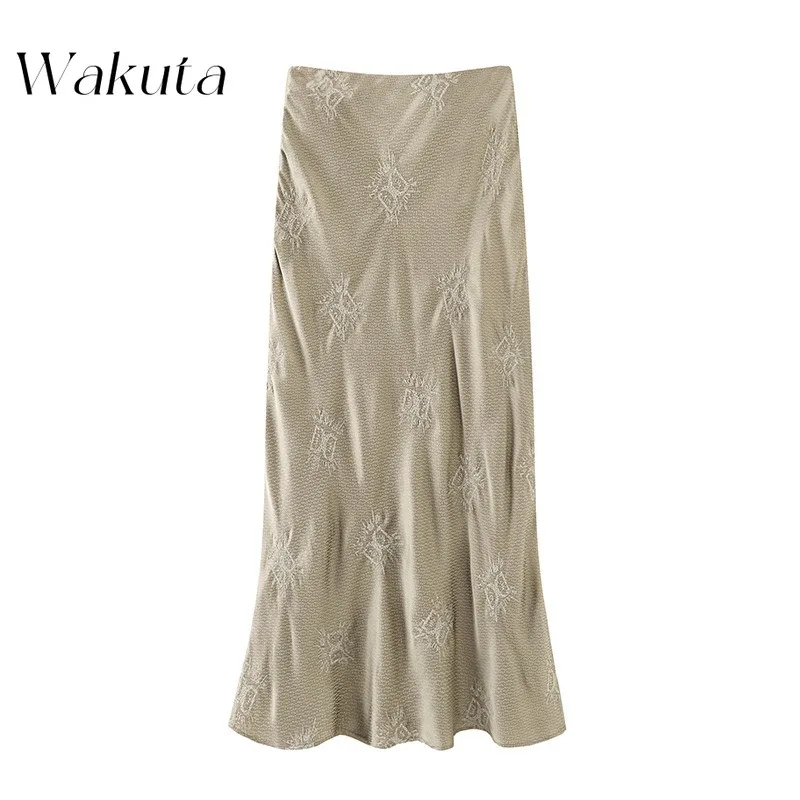 WAKUTA Retro Full Bottom Embroidery Slit A-word Mid-length Skirt Elegant Mori Bustier Fashion Commuter Bustier Set Váy Hàn Quốc