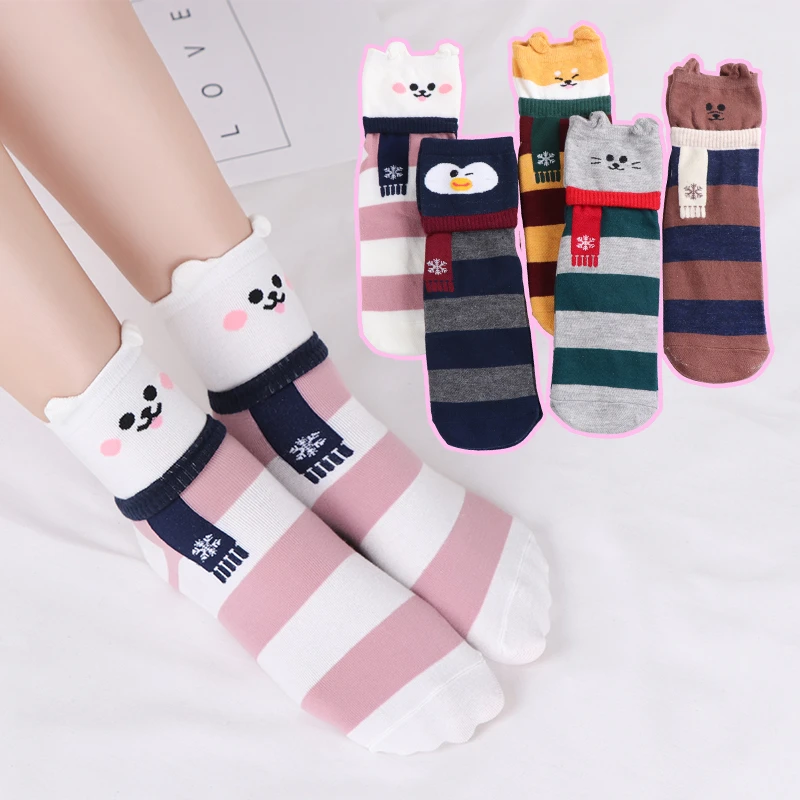 Kawaii Women Crew Socks Cartoon Cute Animal Cat Dog Bear Penguin Striped Spring Autumn Comfortable Female Casual Mid Tube Socks