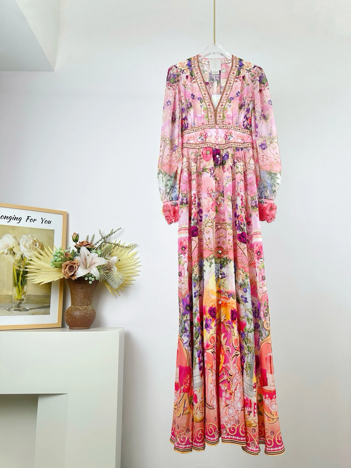 

EVACANDIS 100% Real Silk Women New V-Neck Floral Printing Puff Sleeve Midi Dress High Quality Embroidery Diamond Vintage Sweet