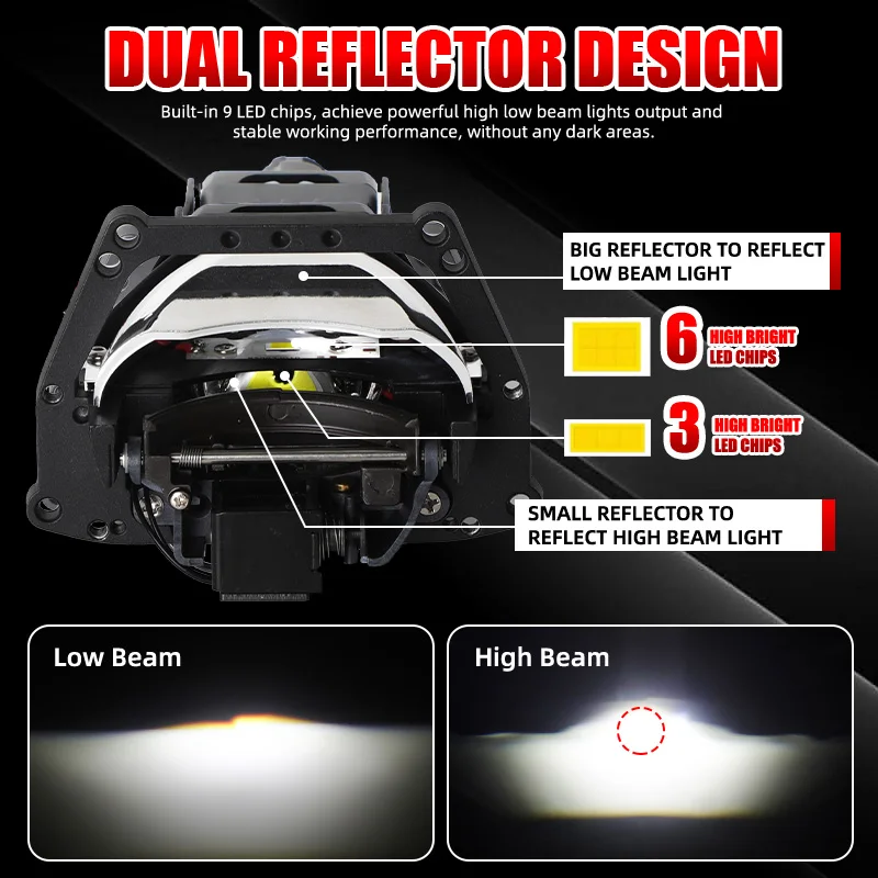 3 Inch 110W Bi LED Headlight Lens Led Light for H7 H4 9005 9006 Car Headlight Bulbs High Low Beam 5000K Diodes Turbo H7 Tuning