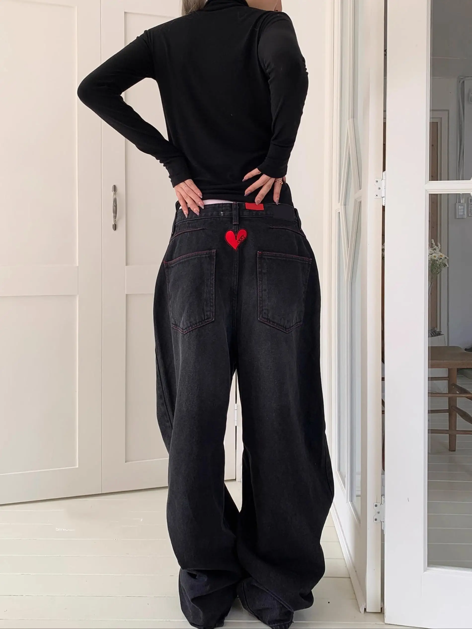 

Retro High Waist Straight Leg Jeans Waed out Loose Fit Personali Ba Red Heart Women's Premium Denim Trousers