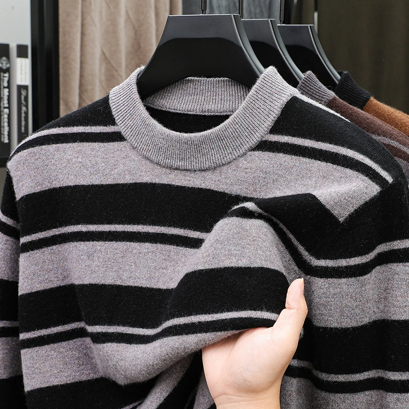 Wool100% Men's Autumn Winter Sweater Round Neck Stripe 12 Stitches Keep Warm Long Sleeves Sweater Fashion Versatile Man Clothes