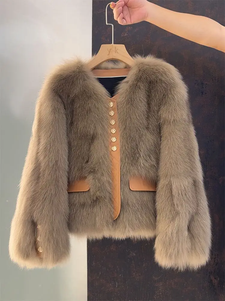 Otoño Invierno abrigo corto de piel sintética para mujer cuello redondo manga larga chaqueta de piel para mujer nuevo engrosamiento de felpa prendas de vestir para mujer wh120