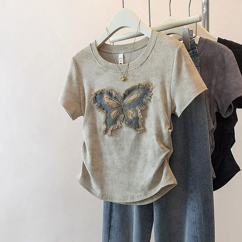 

Tie Dye Butterfly Cotton Short Sleeved T-shirt For Women 2025 New Fashion Short Casual Round Neck Top