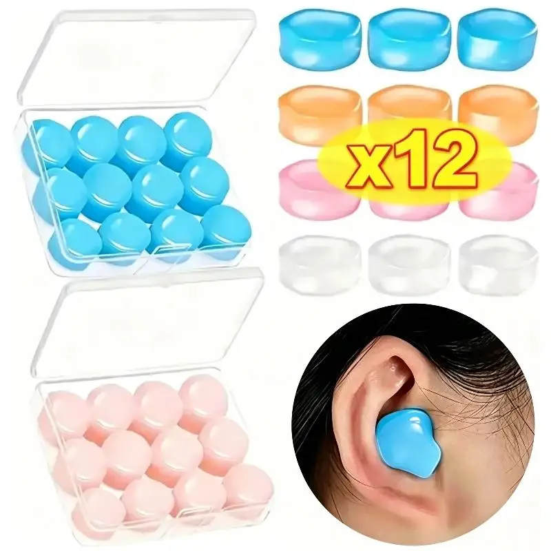 12Pcs/box Reusable Earplugs Silicone Ear Plugs For Sleeping Swimming Traveling Studying Noise Reduction Flexible Ear Plugs