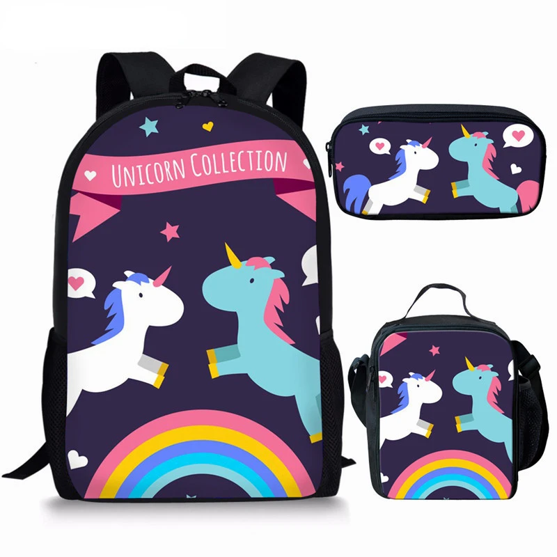 Cartoon Animal Print School Student Book Bag, Funny Unicorn Backpack, Lunch Bag, Lápis Case, Unisex Daypack, 3pcs por conjunto