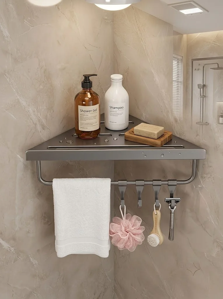 HomefishDrill‑Free Triangle Corner Wall Mount Bathroom Shelf Shower Storage Organizer Rack for Toiletries Cosmetics