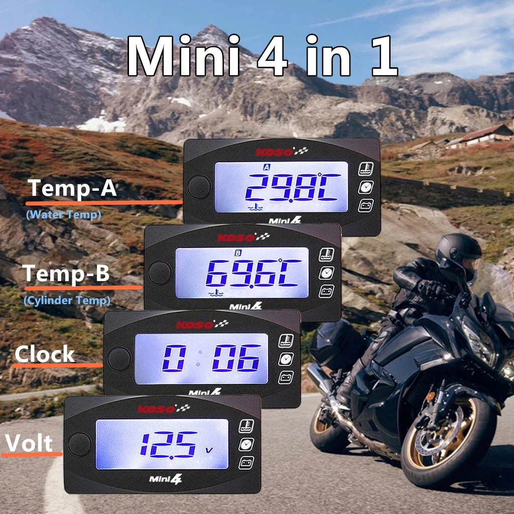 koso 4 in 1 DUAL temp meter mototcycle universal Water temperature Cylinder temperature Voltage Time LCD Digital Display