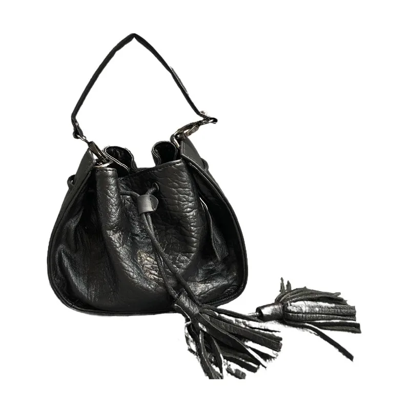 Vintage Women's Handbag Lychee Drawstring Tassel Top Leather Bag Female Luxury Brand Designer Handbag Fashion Women's Bucket Bag