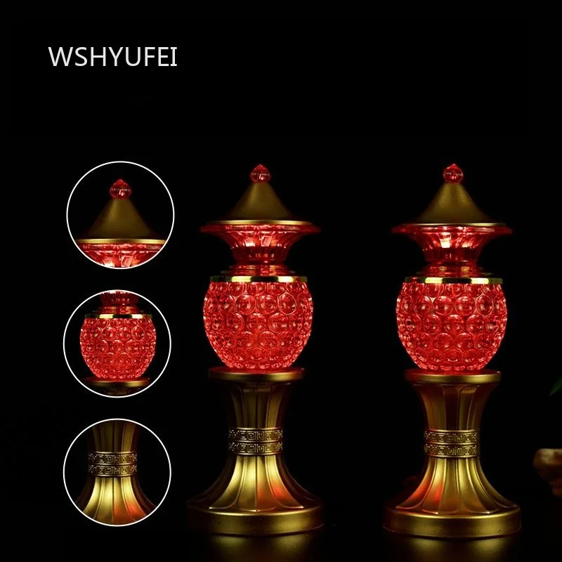 LED Crystal Buddha Offering Lamp Antique Golden Embossed Pattern Electronic Prayer Light Home Shrine Ancestor Hall Worship Lamp