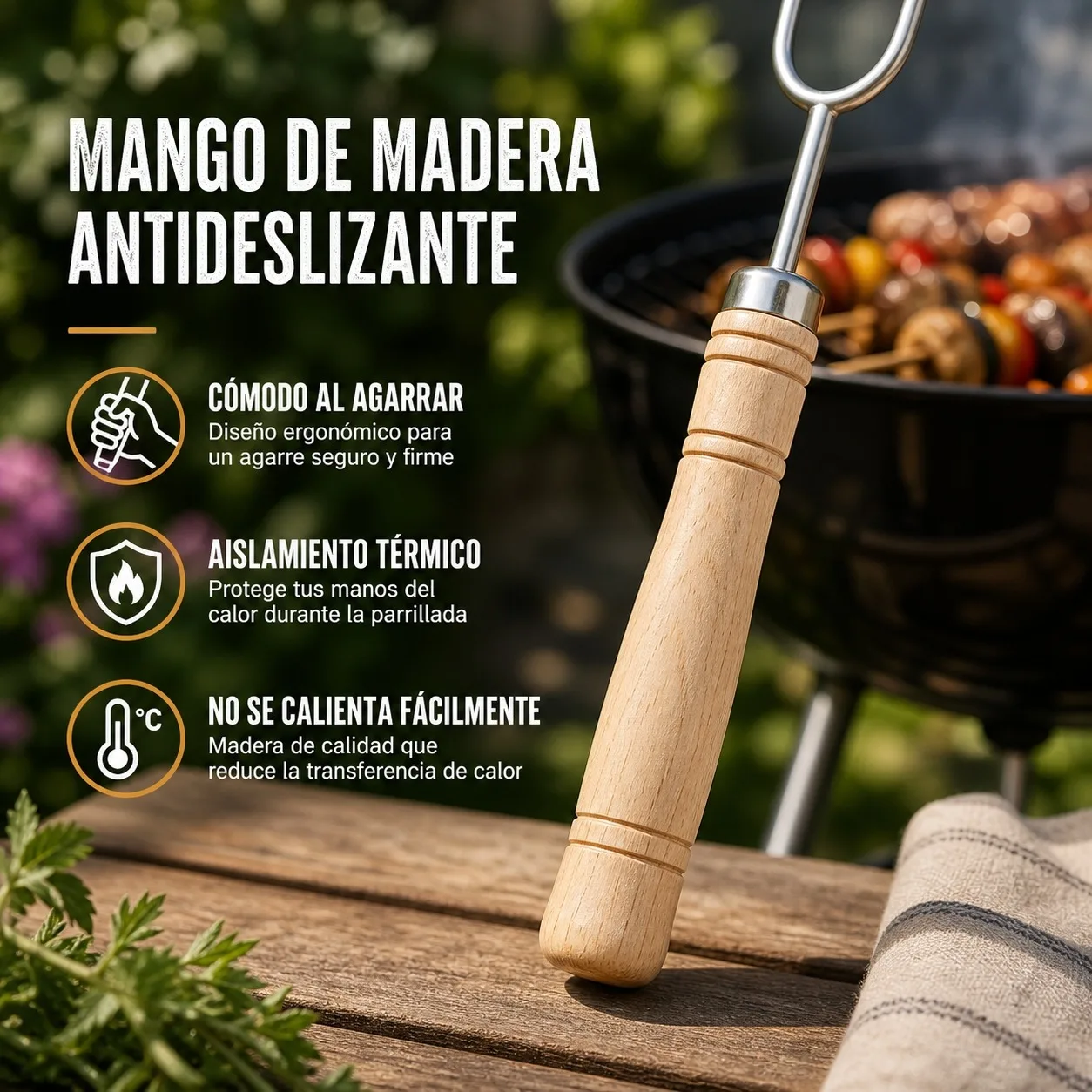 Tenedor para Barbacoa de Acero Inoxidable 42cm con Mango de Madera Antideslizante, Horquilla de Dos Puntas para Parrilla, Carne y Salchichas, Herramienta de Cocina Resistente al Calor