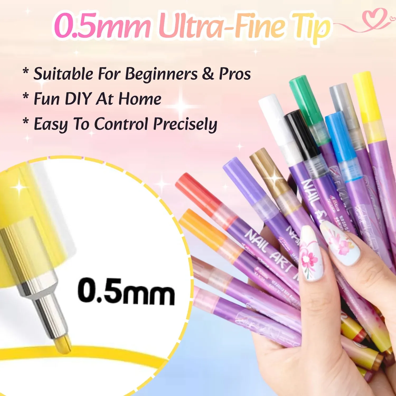 12 Colors 3D Nail Art Pens Set, 0.5mm Fine Tip, Waterproof and Quick-Drying Nail Polish Markers, Nail Painting Kit for DIY Nail