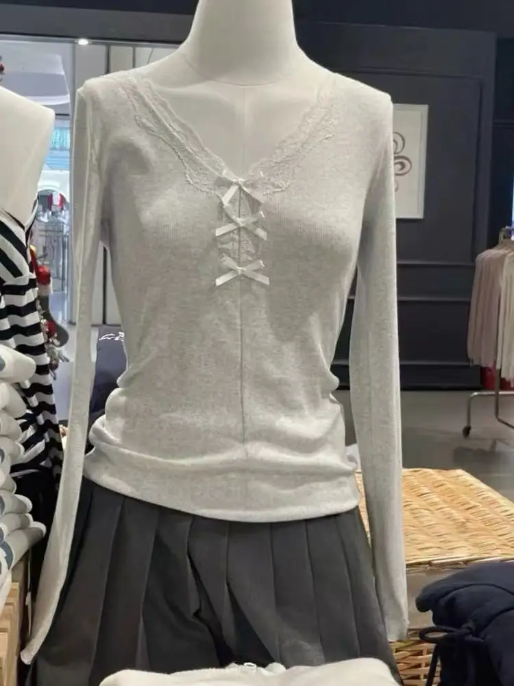 

Футболки с кружевной отделкой для женщин, весенние, хлопковые, повседневные, простые, базовые, с длинным рукавом, милые, в стиле преппи, Y2K