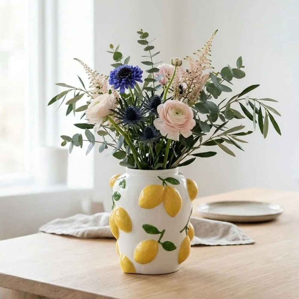 Minimalist Ceramic Vase with Lemon Pattern, Hydroponic Flower Container, Stylish Floral Table Ornament for Home Decor