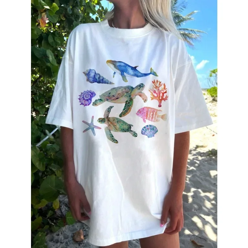 Trendy Ins Casual Retro Loose Print Short Sleeve White T-shirt Summer Y2k Marine Animal Whale Turtle Plus Size T-shirt Tops