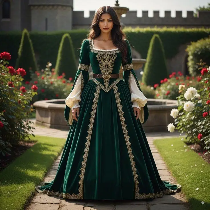 Damen Mittelalter Tudor Renaissance Grün Gold Spitzenkleid Tudor Elisabethanische Königin Palast Kleid Kostüm Prinzessin Abendkleid