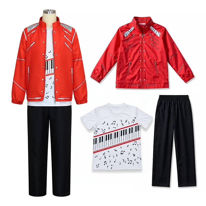 Kids Boys Super Star Singer Cosplay Costume Set Red Jacket Pants Hat Gloves Wig for Halloween Party Performance