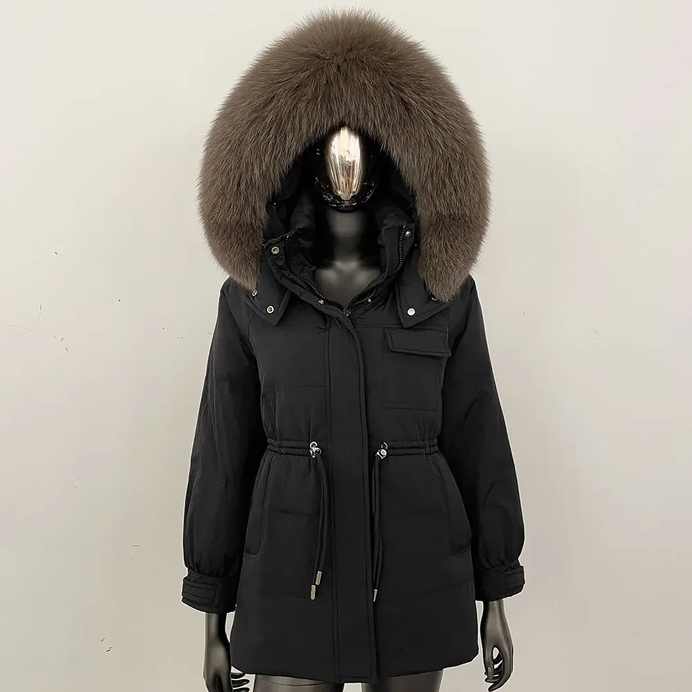 OFTBUY Duży Naturalny Płaszcz z Futra Szopa Pracza Damski Modny Zimowy Płaszcz z Kapturem z Prawdziwego Futra Gruby Ciepły Krótki Płaszcz z 90% Białego Puchu Kaczy Parka