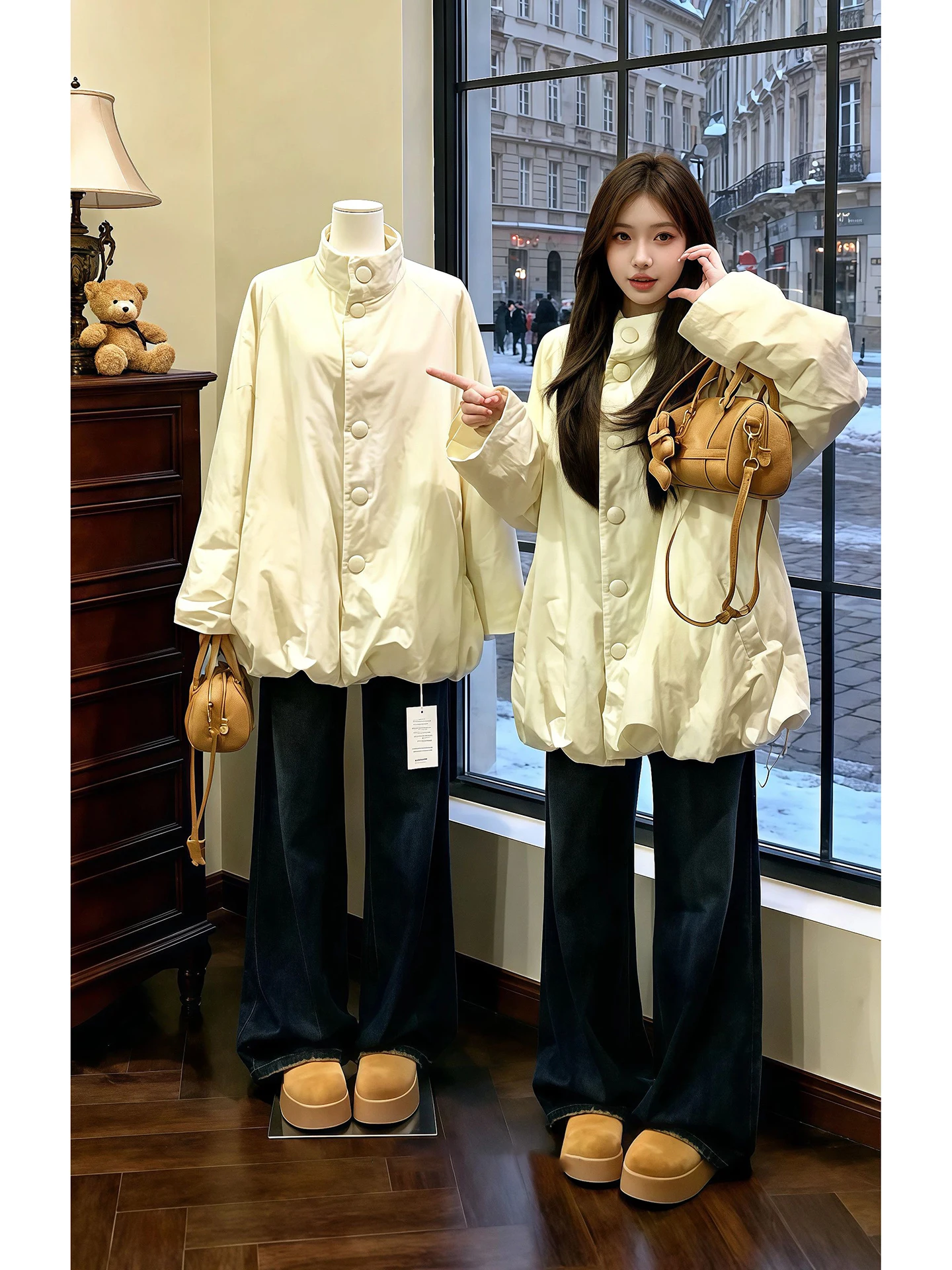 

Корейская женская утепленная свободная теплая куртка с воротником-стойкой из хлопка с дизайном «Цветочный бутон» для весны, осени и зимы