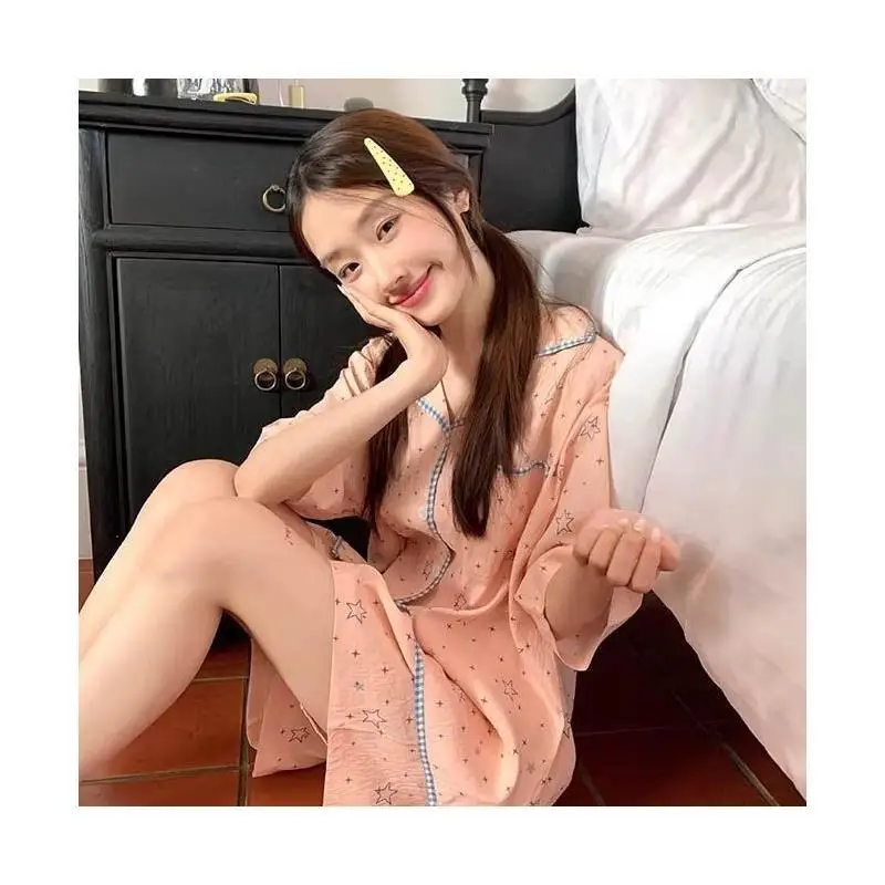 camisola-rosa-doce-com-estampa-de-estrelas-para-mulheres-vestido-de-dormir-casual-solto-de-manga-curta-macio-e-respiravel-para-uso-diario-em-casa-roupa-de-dormir-de-verao