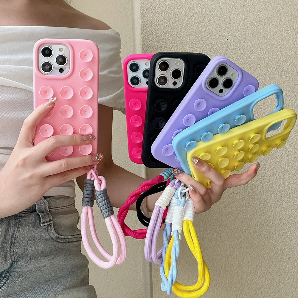 

Cute Lanyard Suction Cup Phone Case For iPhone 15 16 17 Pro 13 14 11 12 Pro Max Air XR Wrist Strap Rope Anti-Slip Silicone Cover