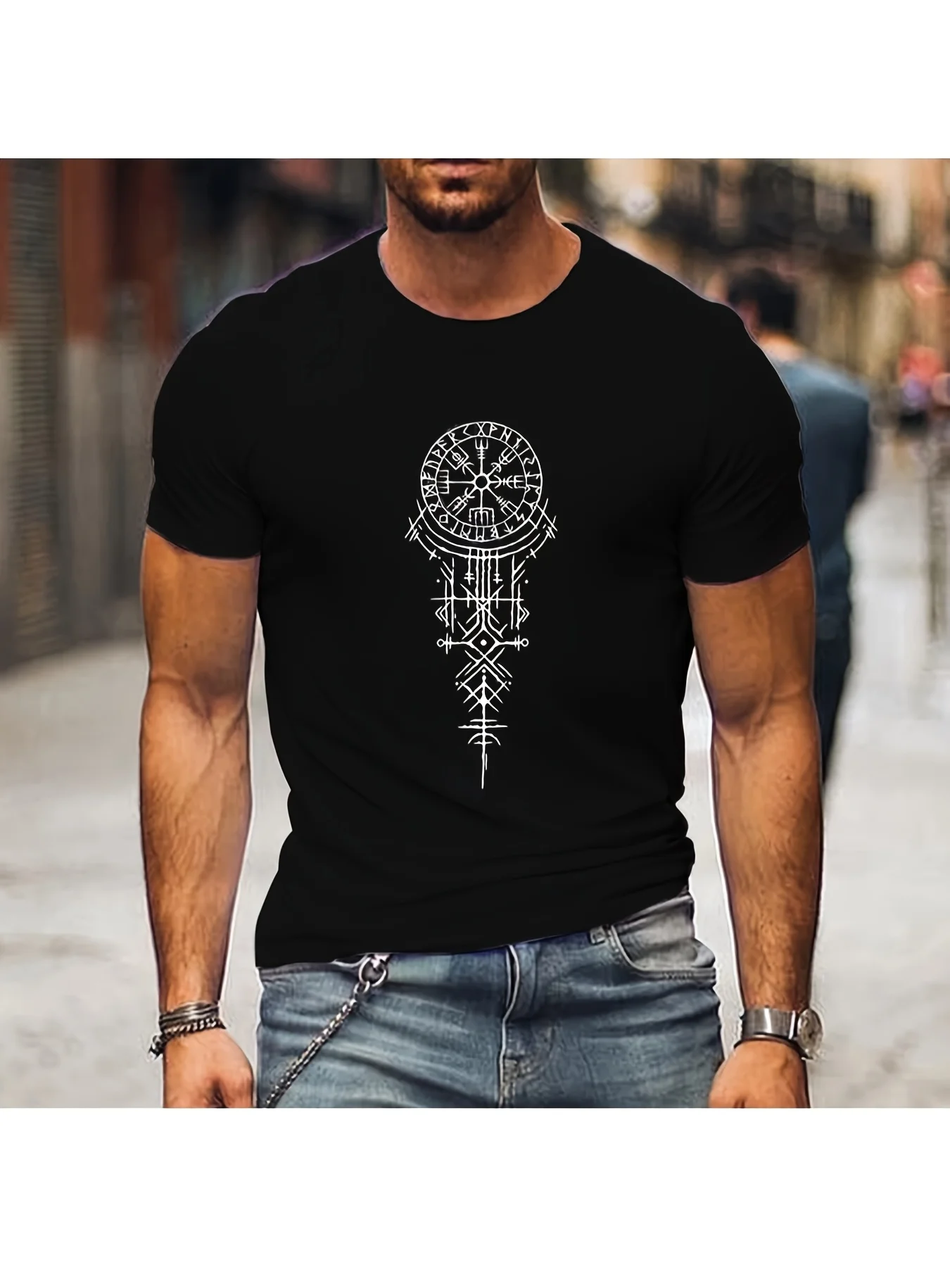 Men'S Oversized Tee Featuring a Viking Runic Compass Design, Made from 100% Knit, with a Regular Fit And Alphabet Print, Suitabl