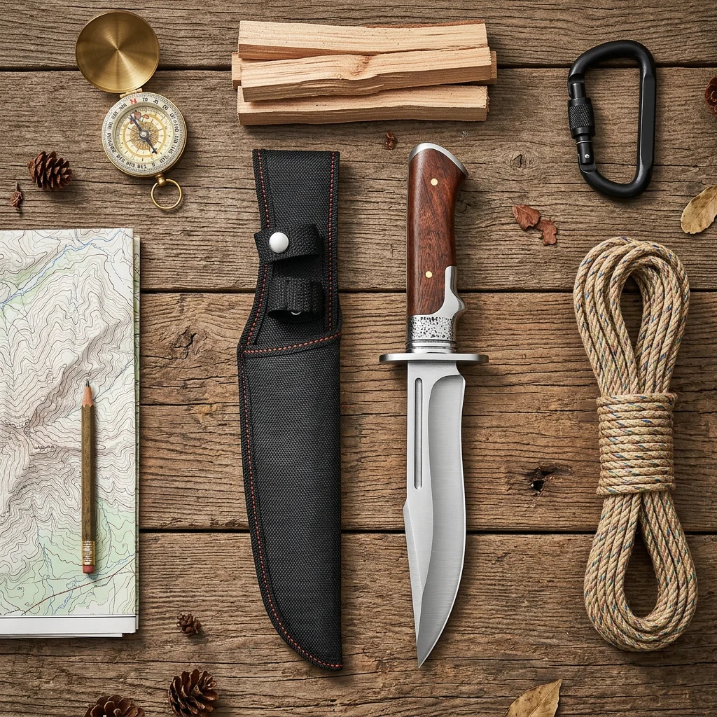 Nóż outdoorowy ze stałym ostrzem o długości 31 cm, z drewnianą rękojeścią, ostrzem ze stali 4 mm i nylonową pochwą, do biwakowania i wędrówek.