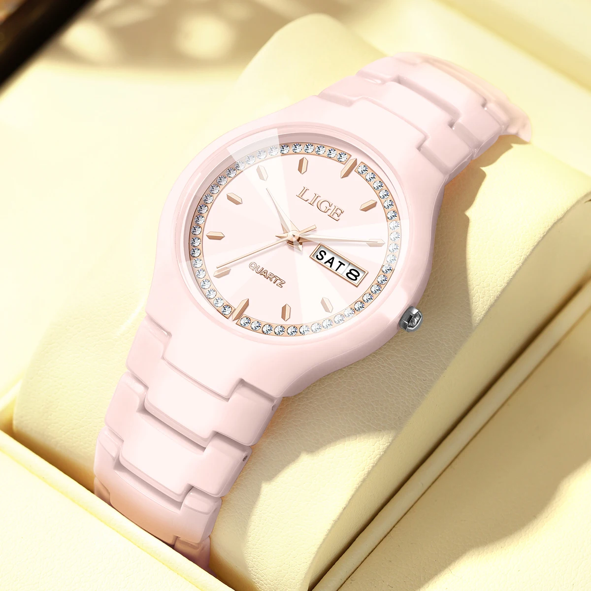 LIGE New TOP Fashion Women's Watch Ceramic Waterproof Clock Week Calendar Elegant Women's Quartz Wristwatch Relogio Feminino+BOX