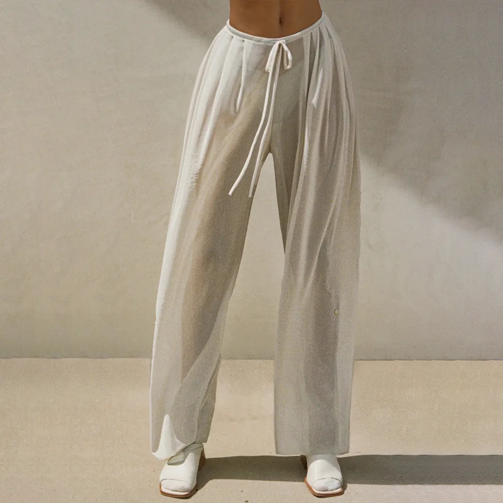 Summer New Style Elegant Women's Straight Hot Girl Waist-Cinching Sheer Sexy Mesh Long Pants