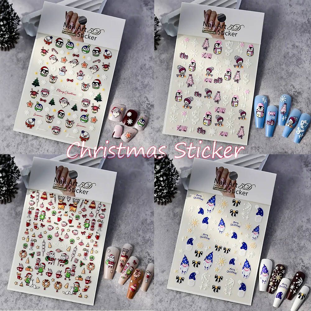 1pcs New Year Christmas Nail Sticker 5D Cartoon Santa Claus/Elk/Snowflake/Penguin Self Adhesive Sliders Nail DIY Decals Sliders#