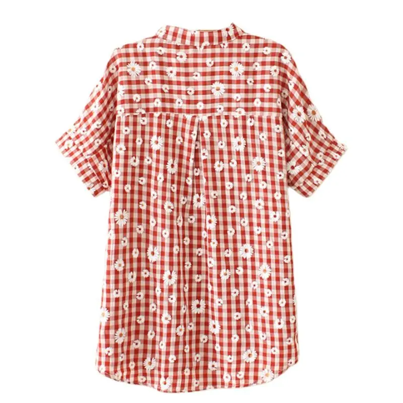 Beautiful Woman Large Size Women's Summer Dress New Thin Daisy Printed Checkered V-Neck Three-Button Short-Sleeve Shirt 2026