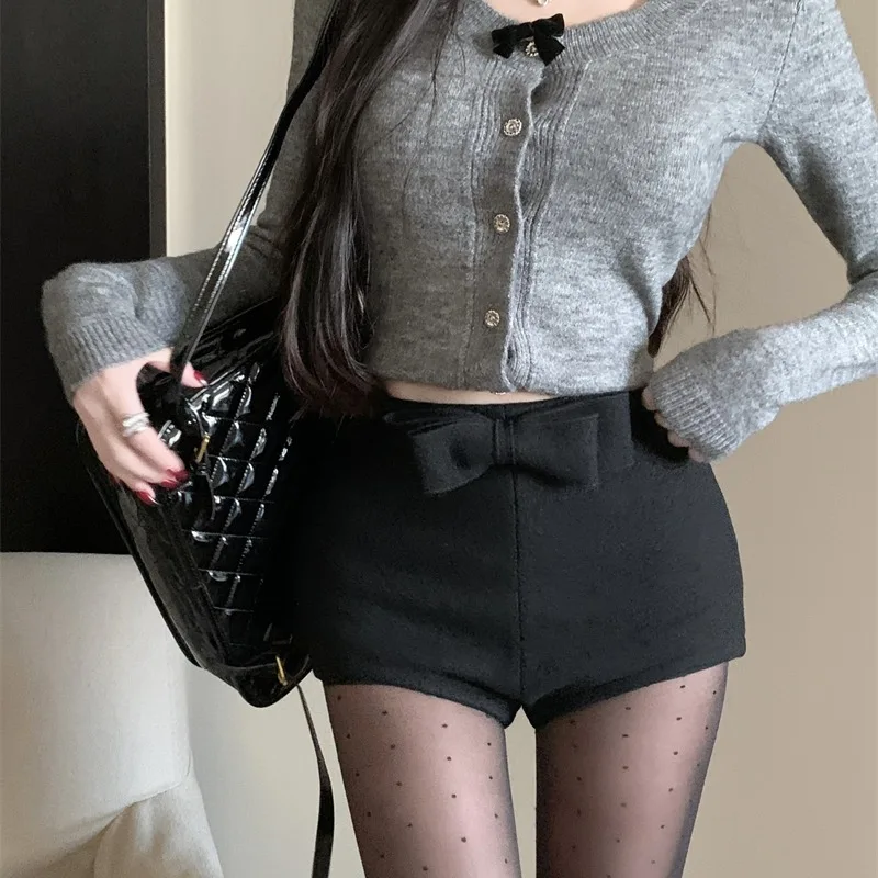 Bow tie woolen shorts for women 2024 autumn winter new high waist with boots hot pants slim pants