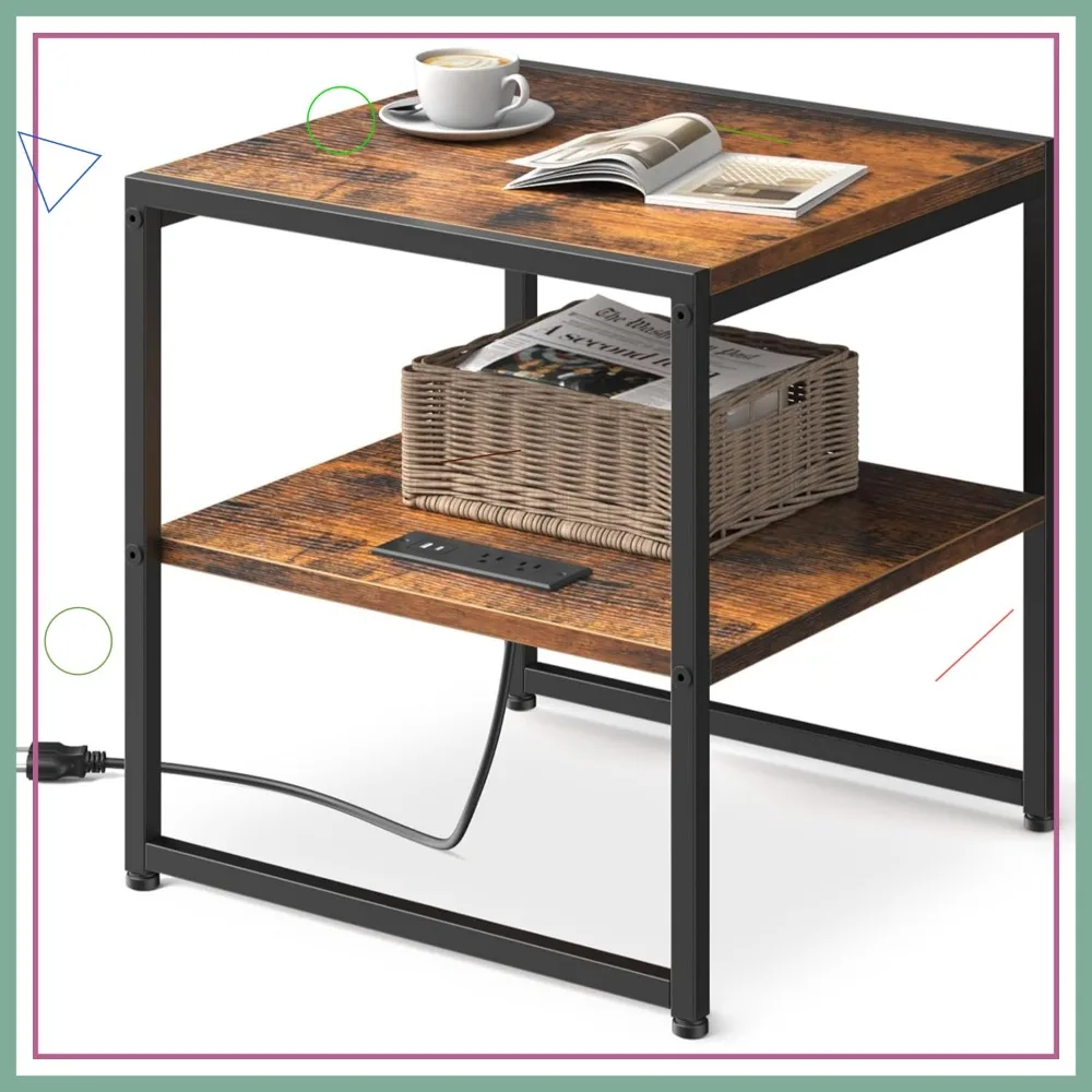 

Rustic Brown Square End Table with USB Ports & Outlets, Mini Fridge Stand for Bedroom Living Room