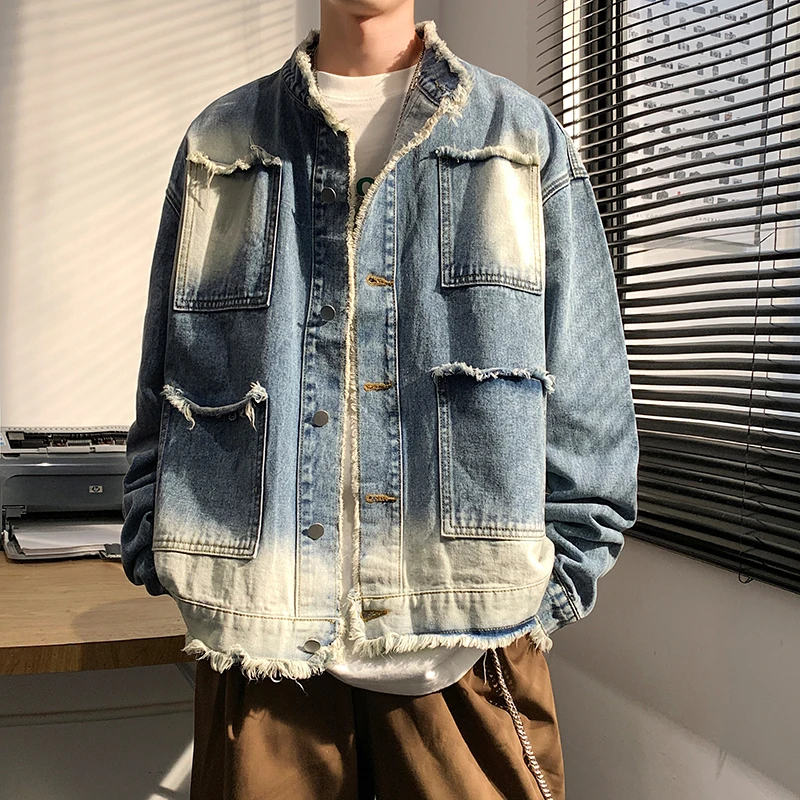 

Мужская джинсовая куртка в стиле ретро с эффектом потертости, свободного кроя, модная, для весны и осени, в американском повседневном стиле, с длинными рукавами, молодежная