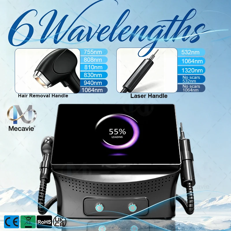 Diode Laser Picosecond Laser 2 in 1 808nm Hair Removal Tattoo Removal Machine 6 Wavelengths 755 808 810 830 940 1064nm 6000W