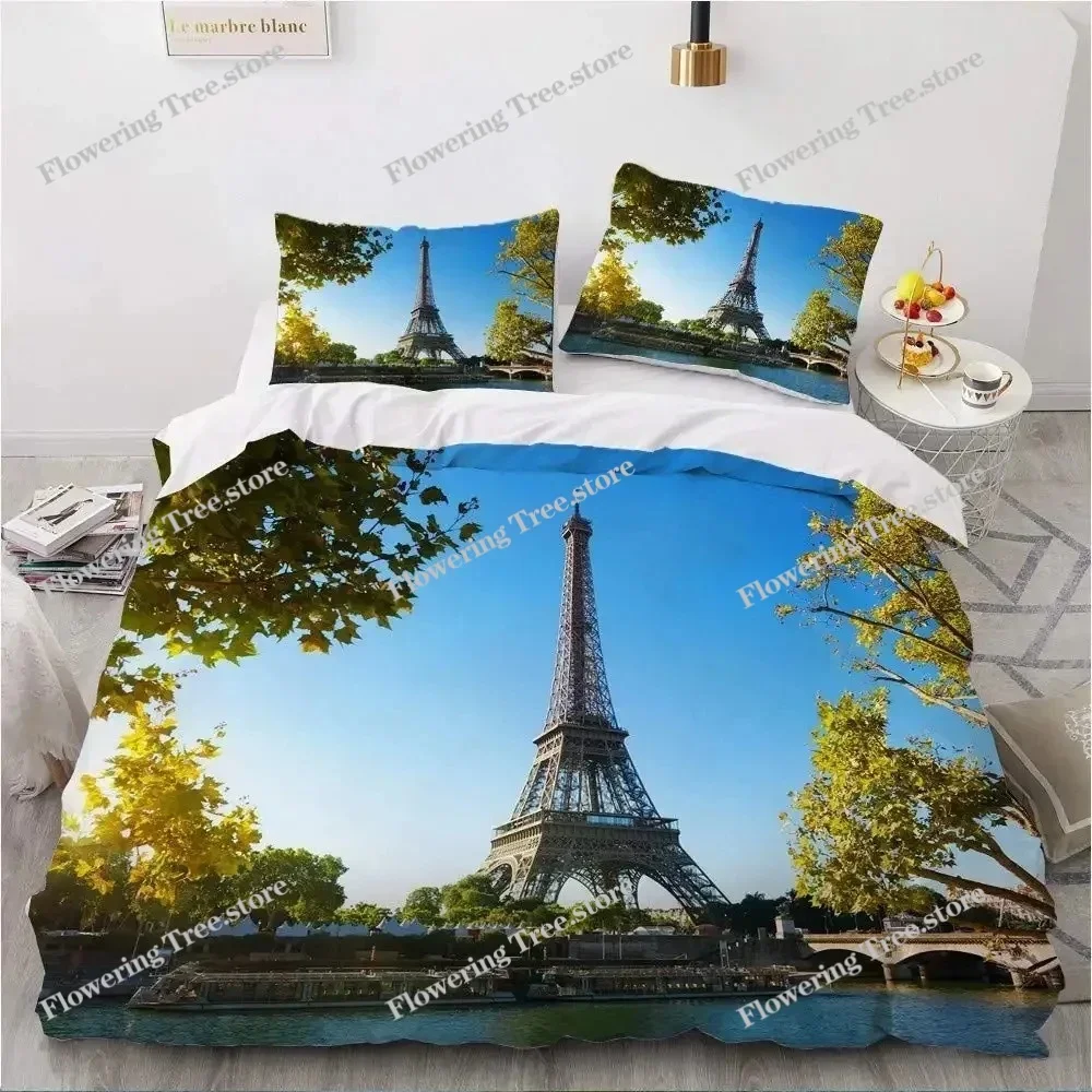 Eiffel Tower Duvet Cover Set King Size Paris Cityscape Twin Bedding Set Polyester Comforter Cover Boys Girls