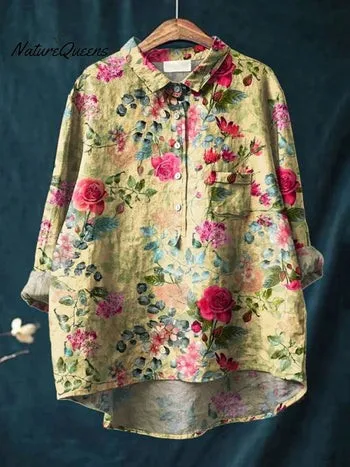 Linen T Shirt For Women's Flower Printed Loose Big Shirts Women High Neck Blouses Cactus Print Shirt Women Womens Shirt Garters