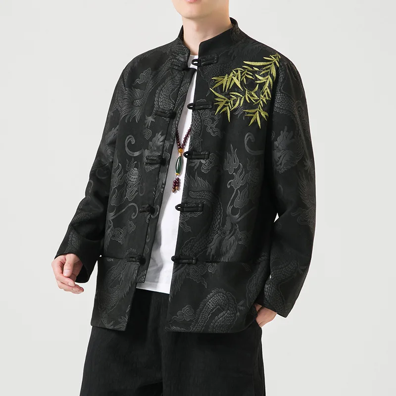 Embroider Bamboo Jacket Vintage Dragon Print Suede Coat New Chinese Style Tang Clothes Men Hanfu Hanfu Vintage Costume Bigsize