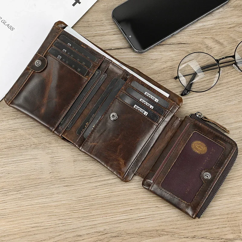 

3 Folds Genuine Leather Short Wallet Soft Cowhide Men's Business Card Wallets Zipper Purse Luxury Designer Men Women Wallets