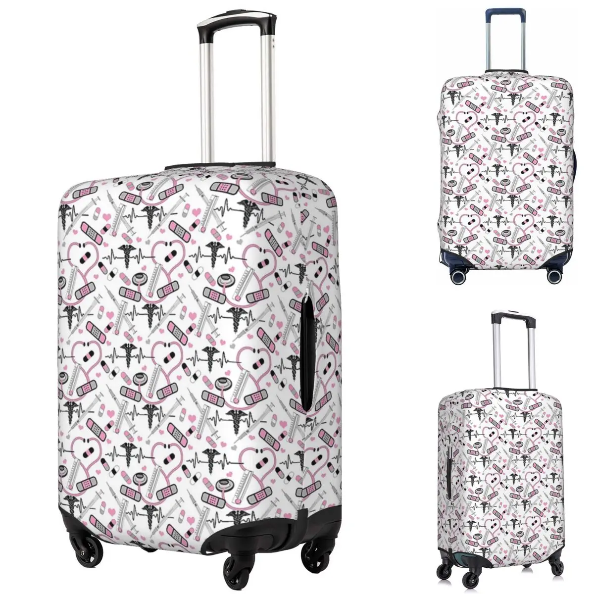 

Cute Stethoscope Nurse Doctor EKG Pattern Suitcase Cover Protection Elastic Trip Luggage Protector Covers for 18-32 Inch