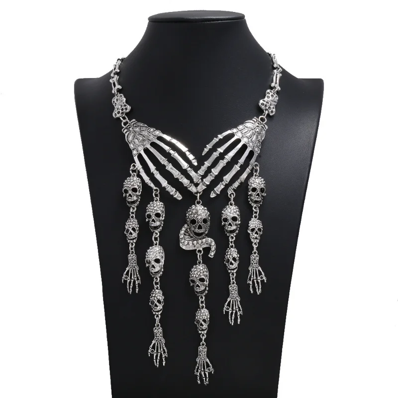Women's Halloween Skeleton Necklace Choker Exaggeration Tassel Skull Bones Charms Party Cosplay