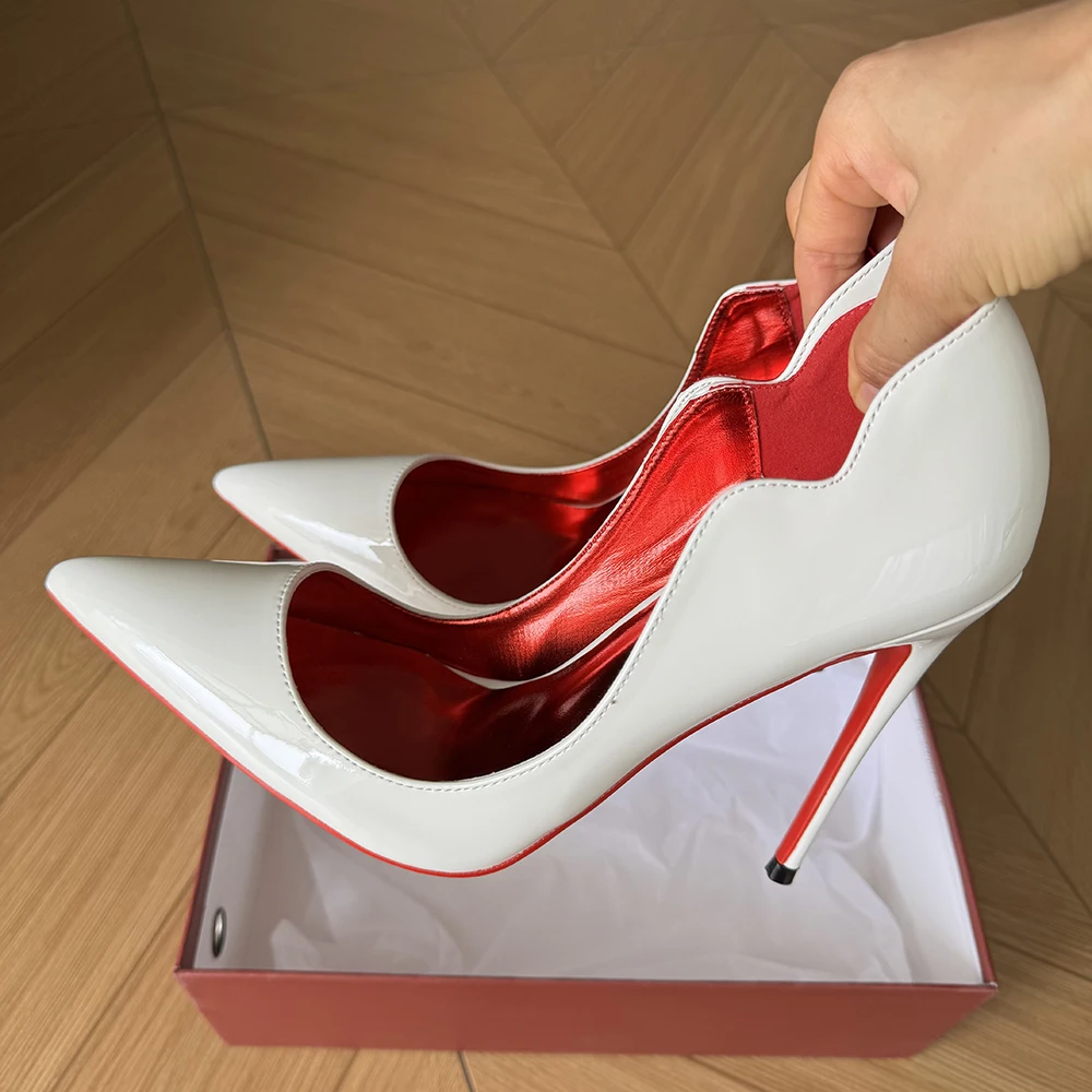 Heelgoo Glossy White Elegant Curl Cut Women Pointy Toe 12cm High Heels Black Dress Shoes Sexy V Cut Lady Wedding Stiletto Pumps