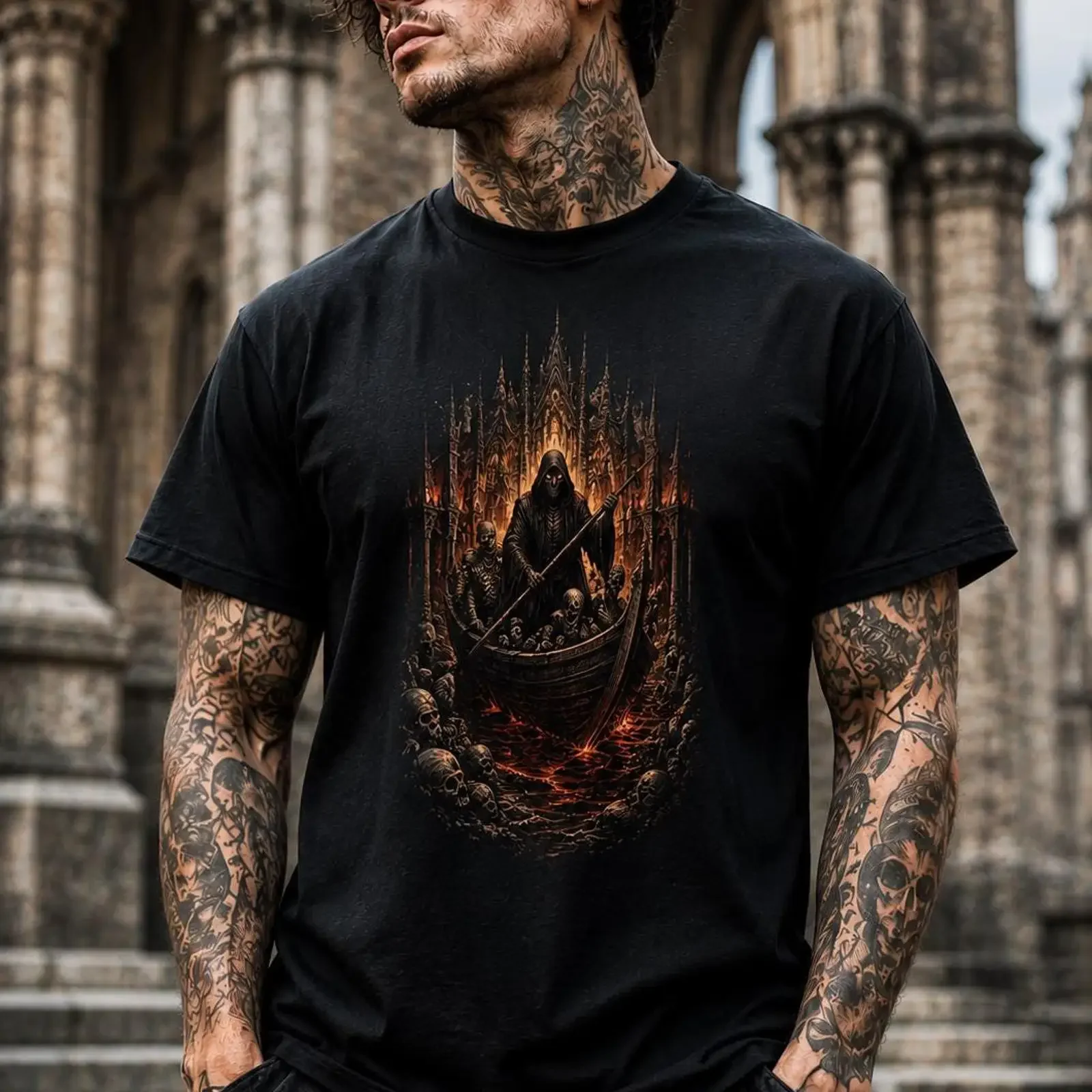 Gothic Charon Grim Reaper Dark Academia T Shirt Occult Esoteric Art Alternative Streetwear vintage Washed Unisex Breathable