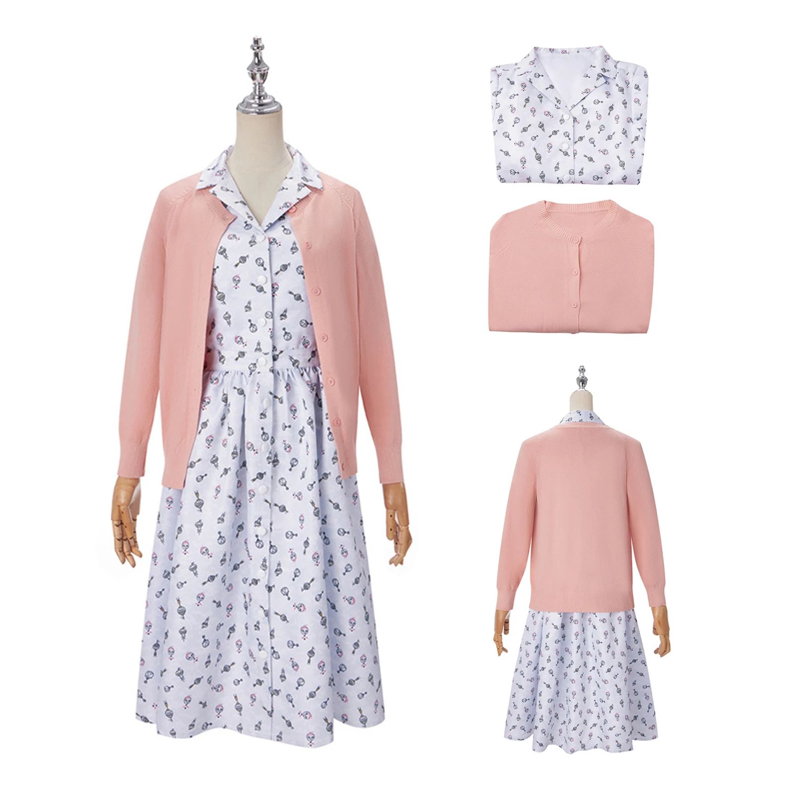 ماتيلدا ملكة جمال العسل تأثيري حلي المرأة الموسيقية فستان زهري أبيض مع سترة محبوكة هالوين كرنفال الزي الطرف