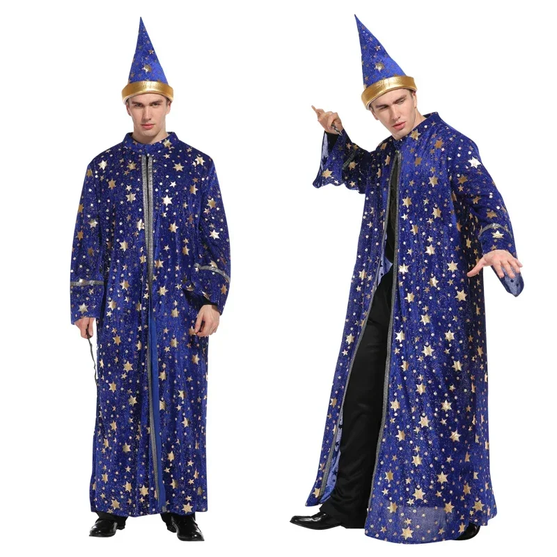 

Men Magic Magician Costume with Blue Robe Cloak Hat Star Moon Magician Wizard Cosplay Costume Adult Role Playing Clothing
