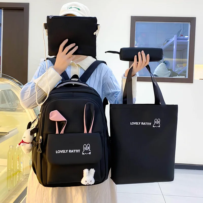 Kawaii Rabbit Ear Student Backpack Set 4Pcs Multi Pocket Large Capacity Girls School Bookbag with Tote Bag Crossbody Bag