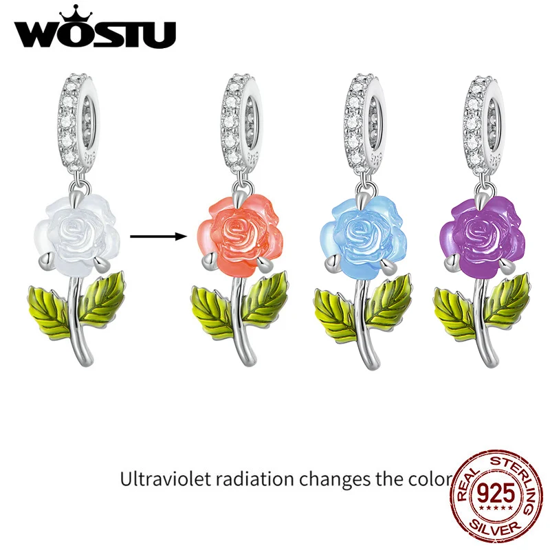 WOSTU 925 Sterling Silver Rose Flower Pink Color Change Rose Flower Charms Pendant Women Fit DIY Bracelet Necklace Party Gift