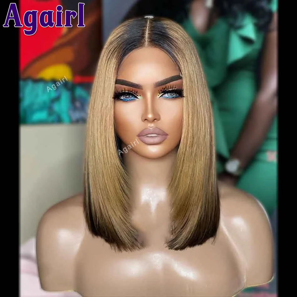 

Black Root Ombre Blonde Short Bob Bone Straight Lace Frontal Wig For Black Women 13X4 Lace Front Bob Human Hair Wigs 180 Density