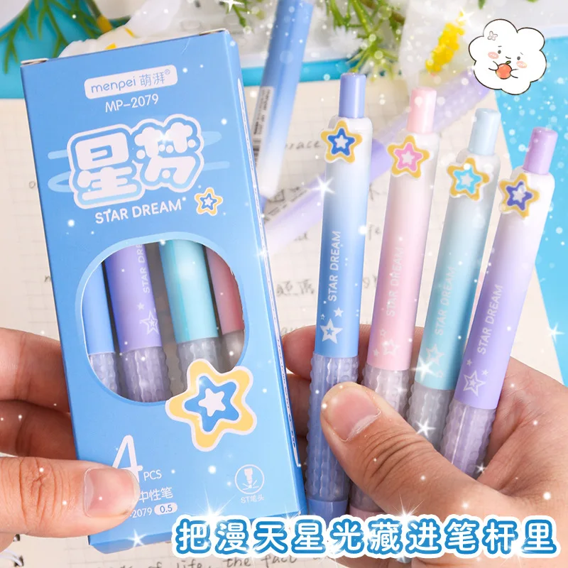4pcs Cute Press Neutral Pen E Ins Wind Quick Drying  Students Smooth Brush Questions Black Pen Signature Jumping Fountain Pen
