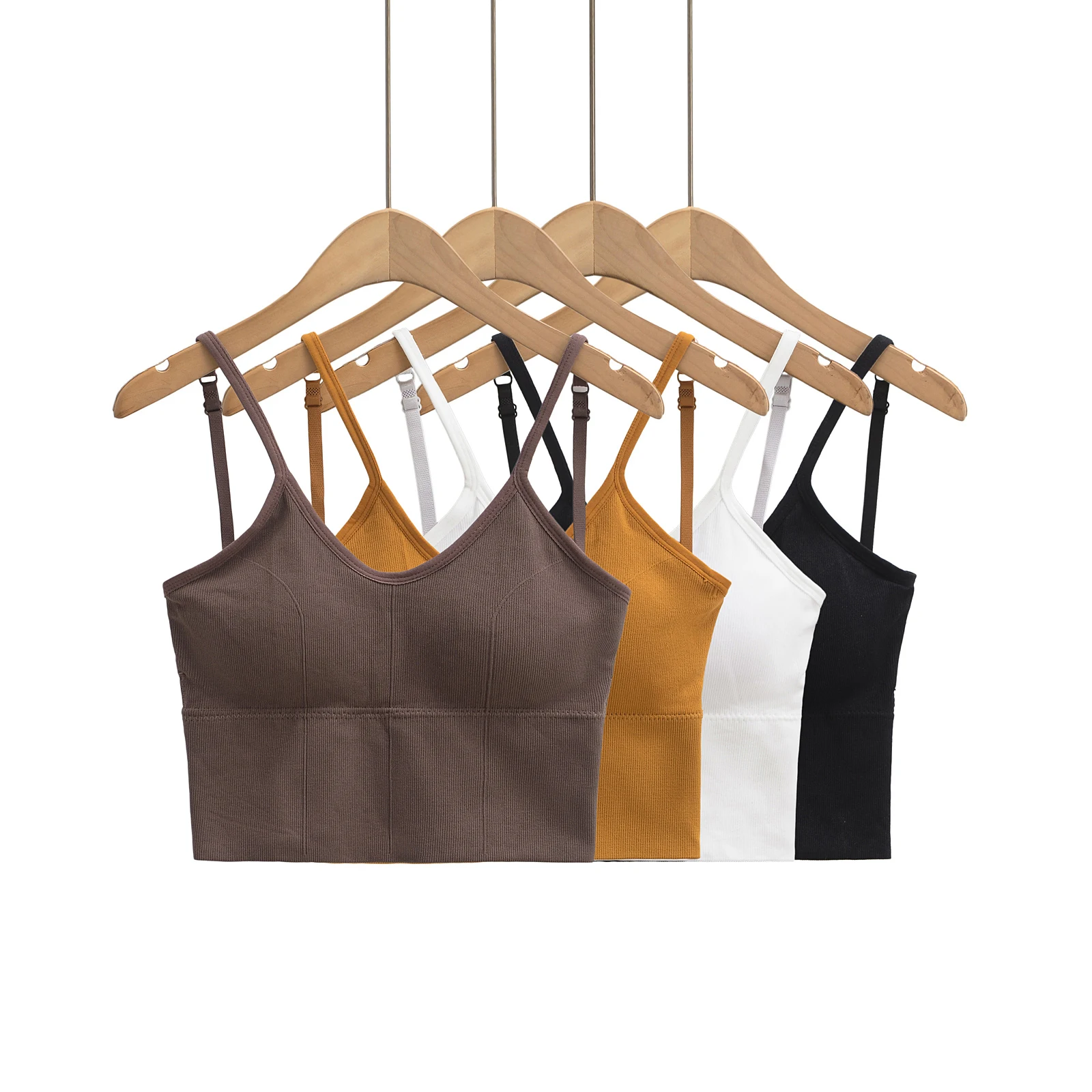 4 kolory 2025 Sexy With Pad Rib Knitting Cotton Camisole Camis Women Summer Yoga Bra Base Tank Tops Girl Slim Crop Top brown